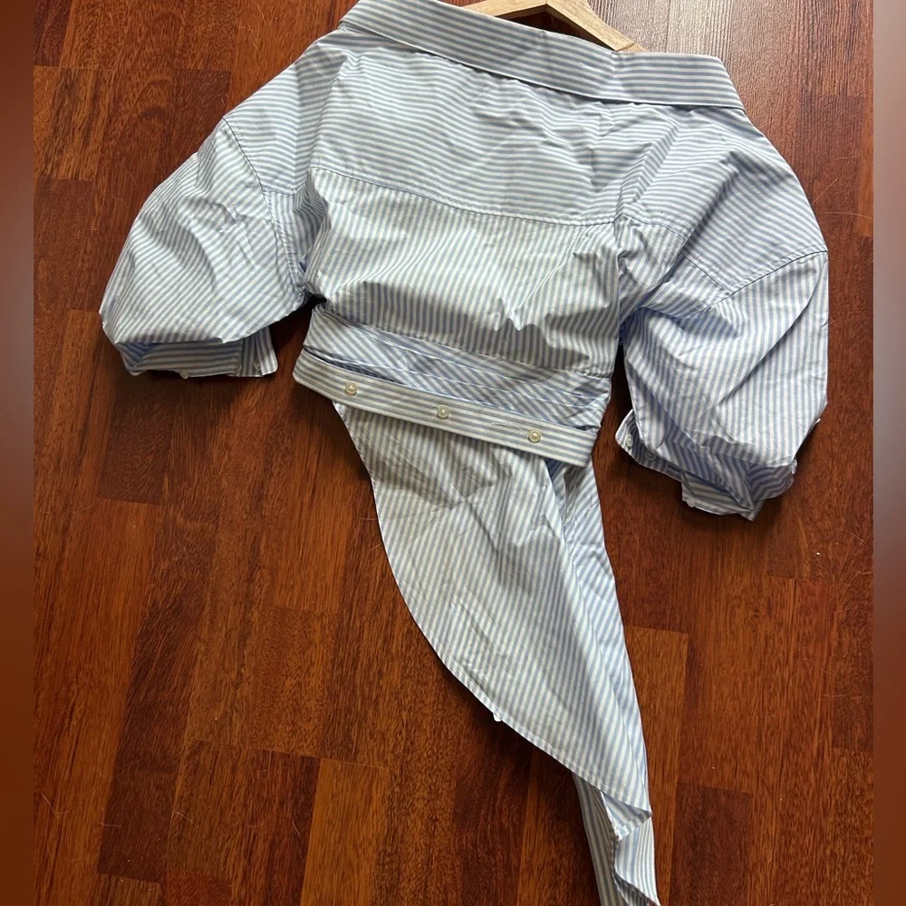 SOLD! Alexander Wang Off Shoulder Asymmetric Striped Mesh Accent Poplin Top 2 - Picture 7 of 17